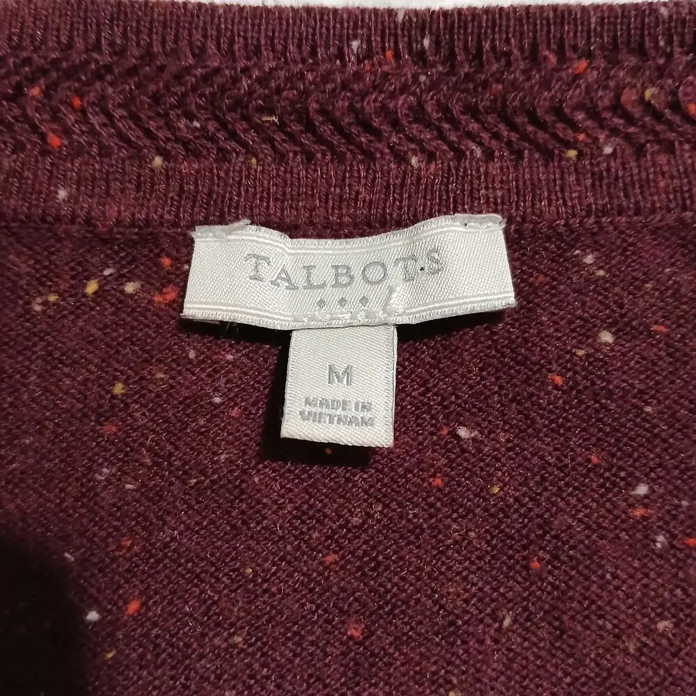 Talbots Med Maroon Multicolor Flecked V-Neck Sweater Cotton Blend Lightweight